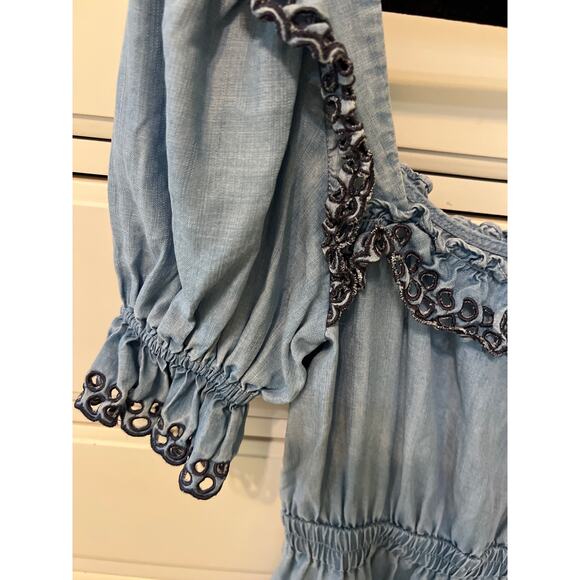 Stellah Washed Denim Puff-Sleeve Tiered Mini Dress Women's Size Small Western - Picture 5 of 6